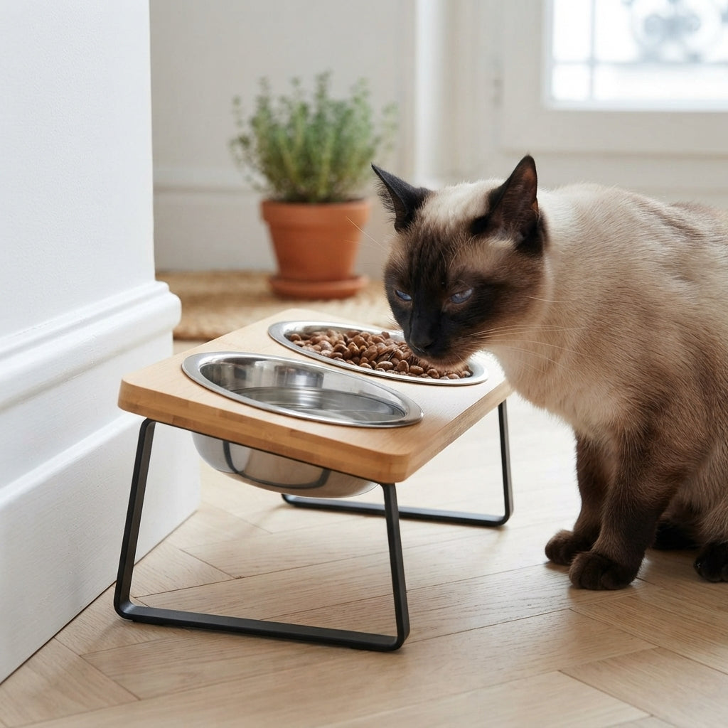 Gamelles inclinées à 15 degrés, chat siamois qui mange, nuque droite