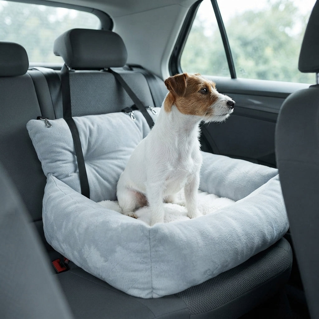 Couchage de transport installé sur la banquette arrière, chien assis dessus