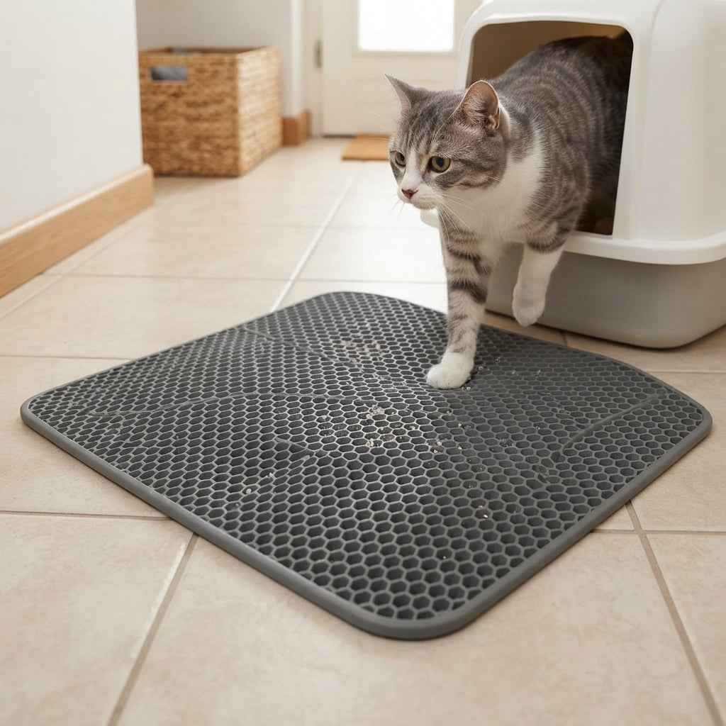 Tapis de litière à double couche, chat qui sort de la maison de toilette