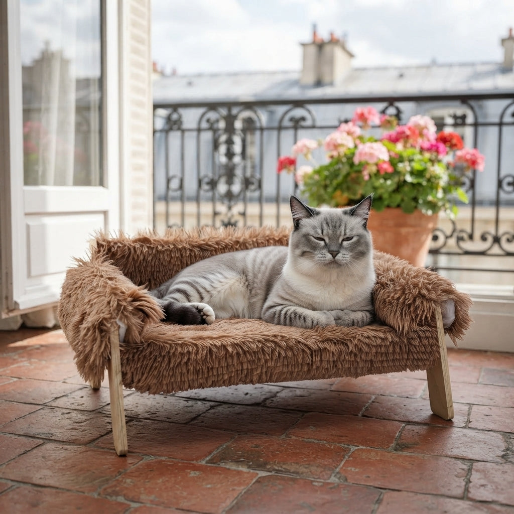 Couchage surélevé à pieds bois, chat tigré en boule, balcon parisien