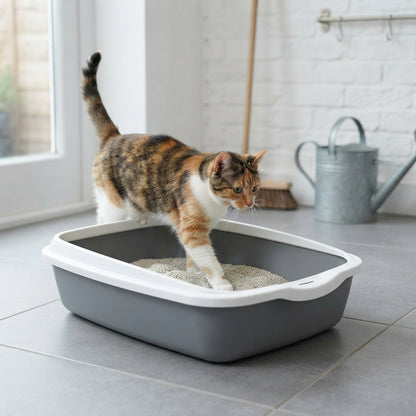 Bac à litière ouvert grand format, chat calico qui entre, arrière-cuisine