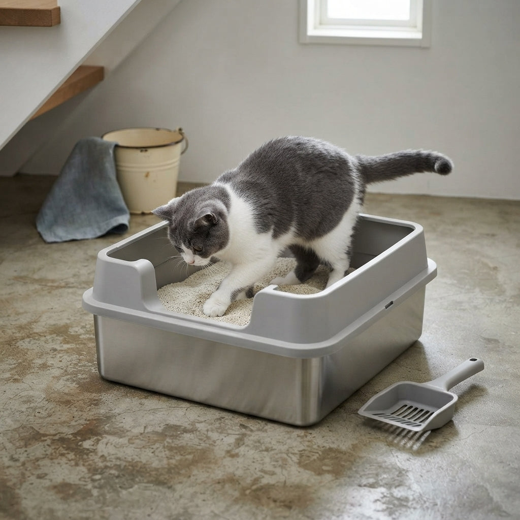 Bac à litière en inox avec sa pelle, chat qui gratte, petite salle d'eau