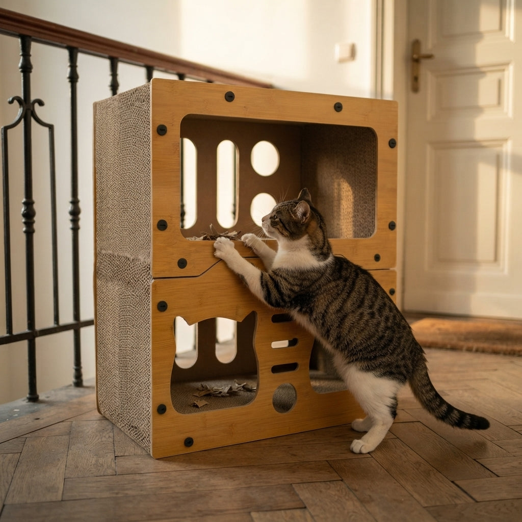 Griffoir trois niveaux en bois, chat en pleine griffade, palier d'immeuble