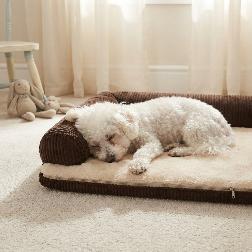 Coussin de couchage à housse amovible, bichon endormi, chambre claire